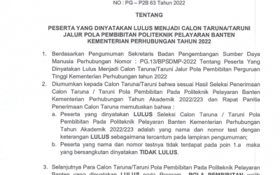 Peserta yang Dinyatakan Lulus Menjadi Calon Taruna Jalur Pola Pembibitan Politeknik Pelayaran Banten