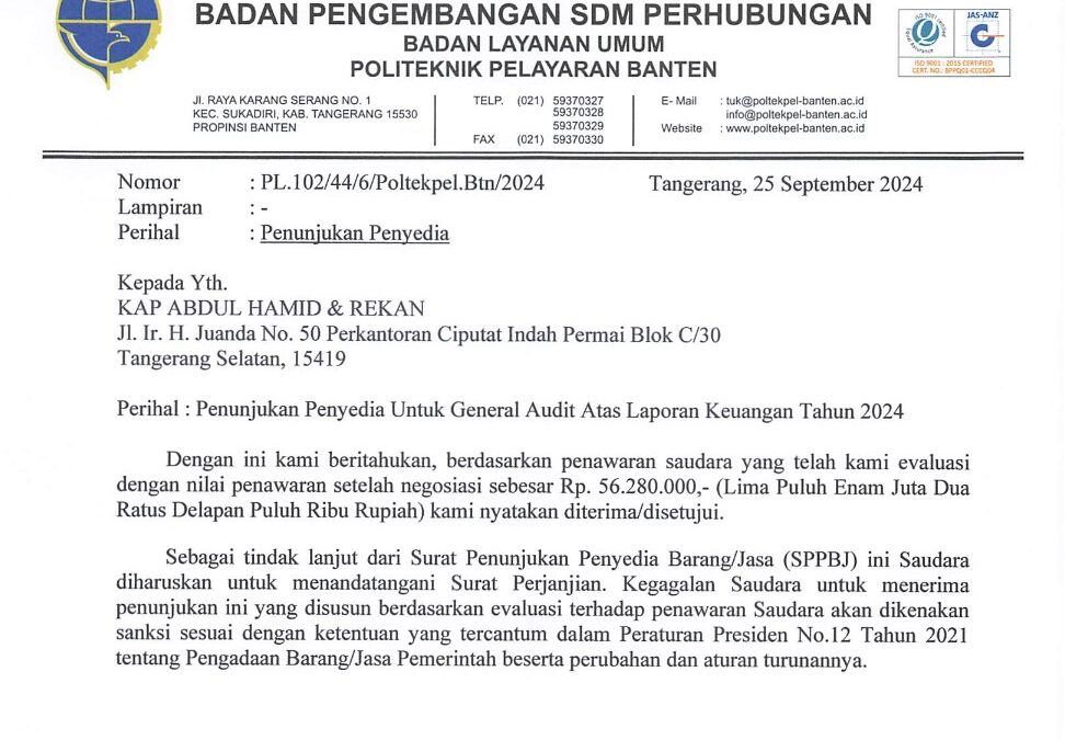 Pengumuman Surat Penunjukan Penyedia Kantor Akuntan Publik (KAP) BLU Politeknik Pelayaran Banten