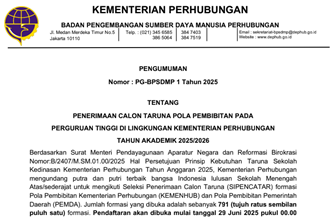 Pengumuman Penerimaan Calon Taruna Pola Pembibitan Pada Perguruan Tinggi Di Lingkungan Kementerian Perhubungan Tahun Akademik 2025/2026