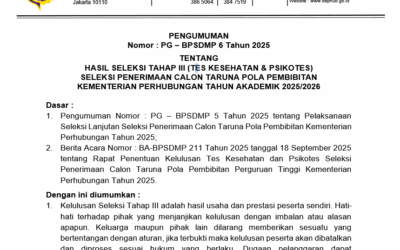 Pengumuman Hasil Seleksi Tahap III (Tes Kesehatan & Psikotes) Seleksi Penerimaan Calon Taruna Pola Pembibitan Kementerian Perhubungan Tahun Akademik 2025/2026