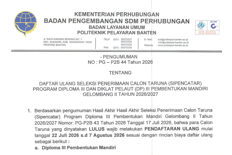 PENGUMUMAN DAFTAR ULANG SIPENCATAR PROGRAM DIPLOMA III DAN DIKLAT PELAUT III GELOMBANG II TAHUN 2026/2027
