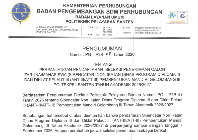 Pengumuman Perpanjangan Pendaftaran SIPENCATAR Non Ikatan Dinas Program Diploma III dan Diklat Pelaut III Pembentukan Mandiri Gelombang III Tahun Akademik 2026/2027