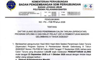 Pengumuman Daftar Ulang SIPENCATAR Program Diploma III dan Diklat Pelaut (DP) III Pembentukan Mandiri Gelombang III Tahun 2026/2027